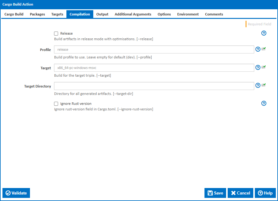Cargo Build action - Compilation tab