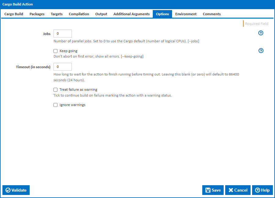 Cargo Build action - Options tab