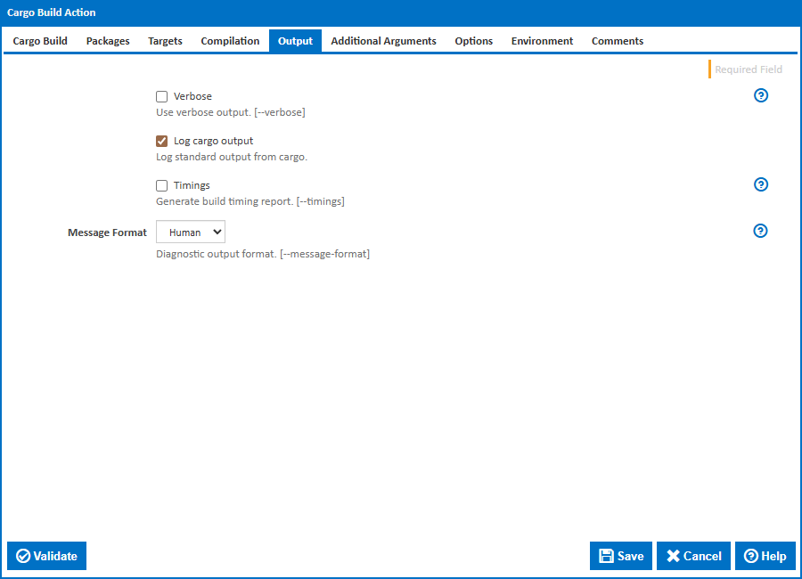 Cargo Build action - Output tab