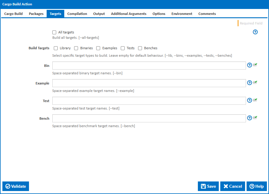 Cargo Build action - Targets tab