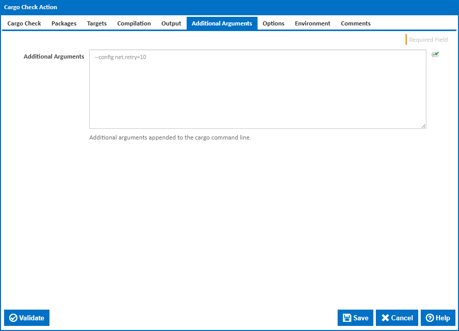 Cargo Check action - Additional Arguments tab