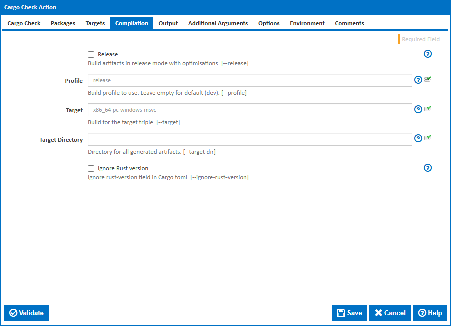 Cargo Check action - Compilation tab