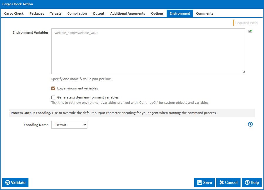 Cargo Check action - Environment tab
