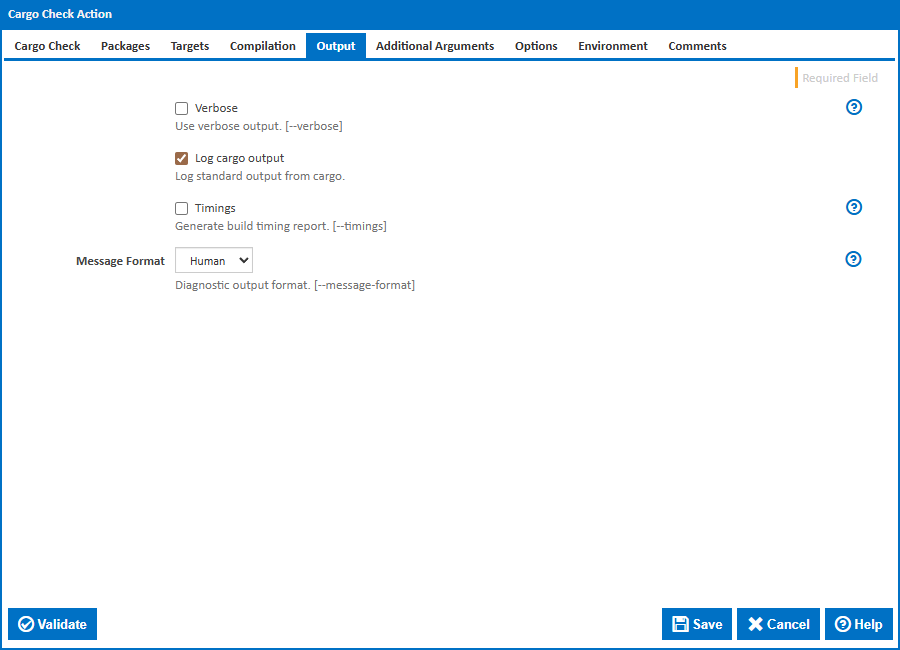 Cargo Check action - Output tab
