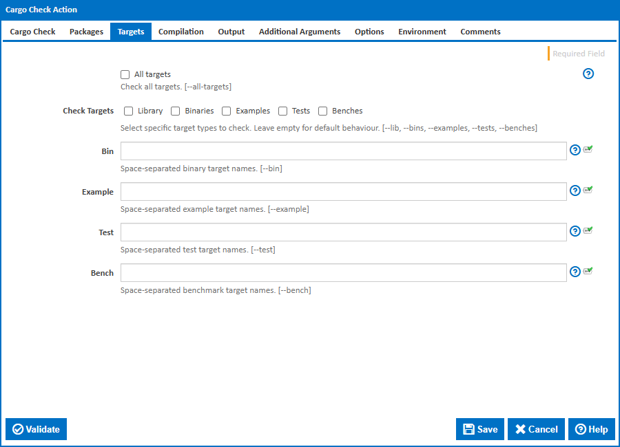 Cargo Check action - Targets tab