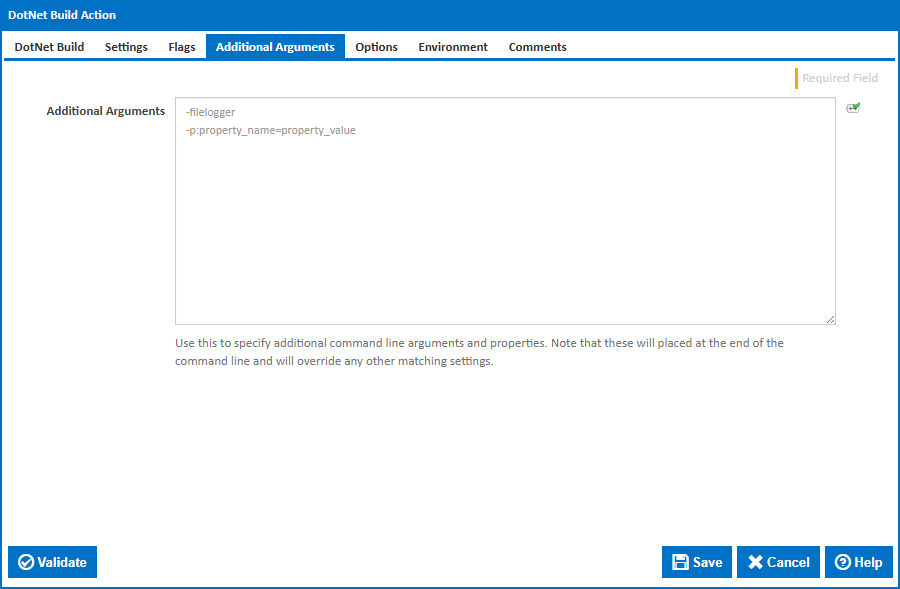 DotNet Build action additional arguments tab
