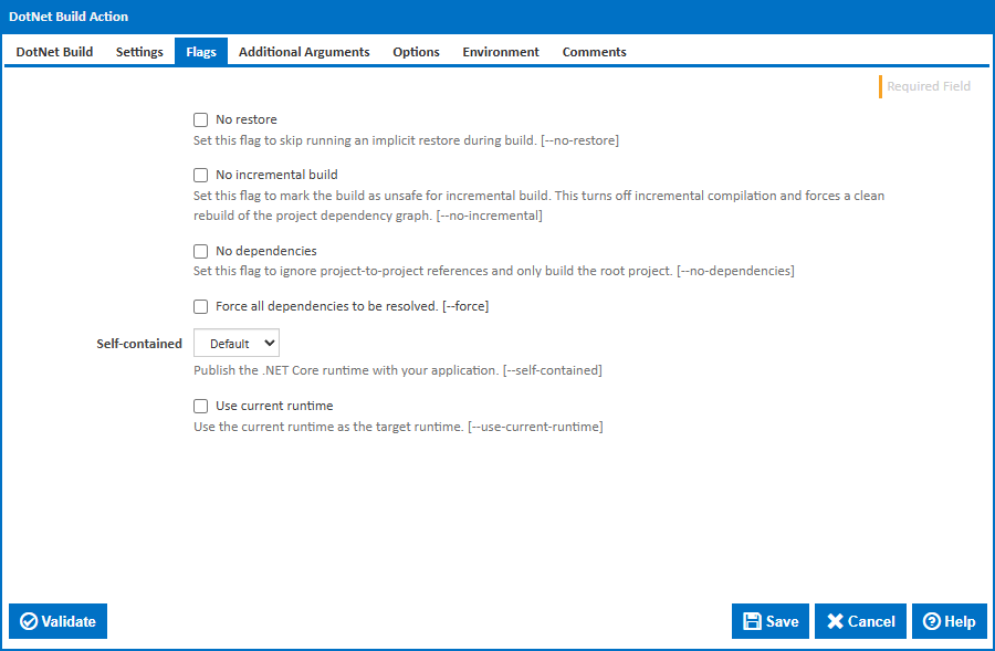 DotNet Build action flags tab