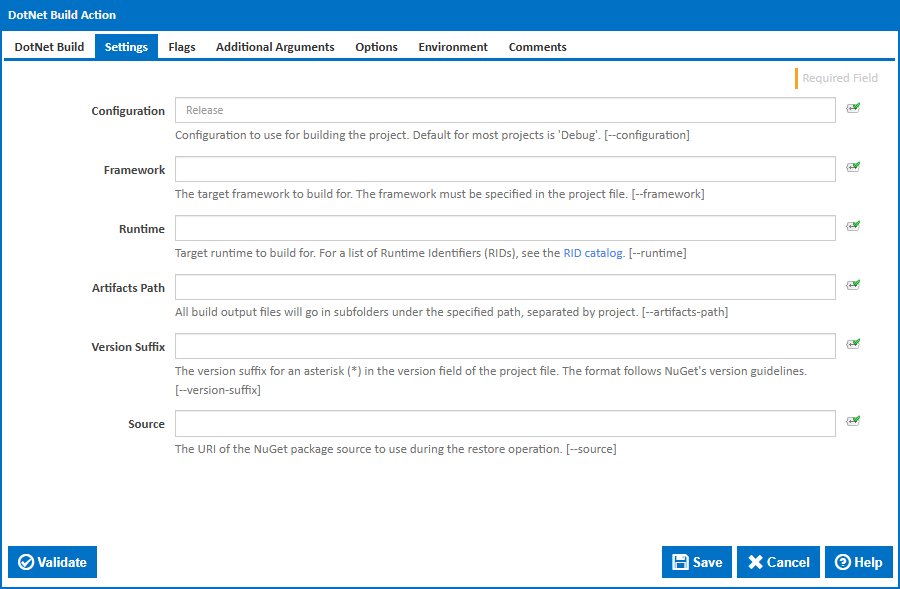 DotNet Build action settings tab