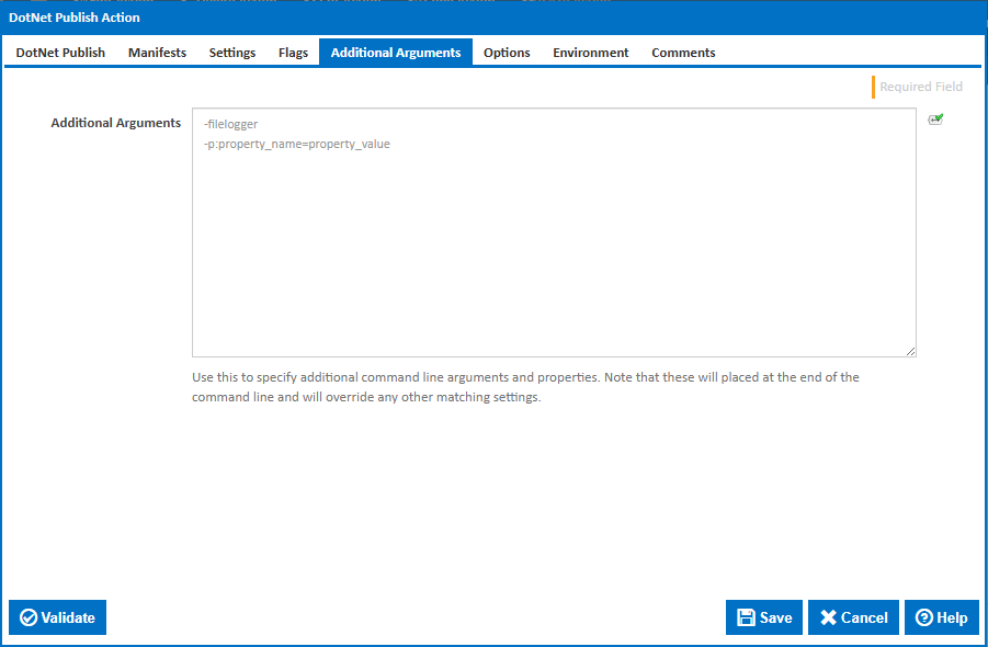 DotNet Publish action additional arguments tab