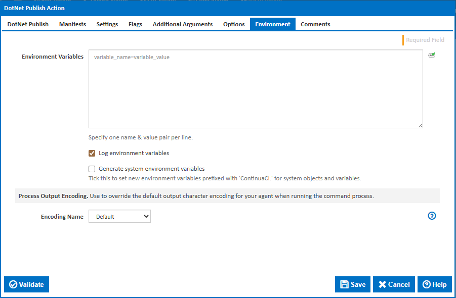 DotNet Publish action environment tab