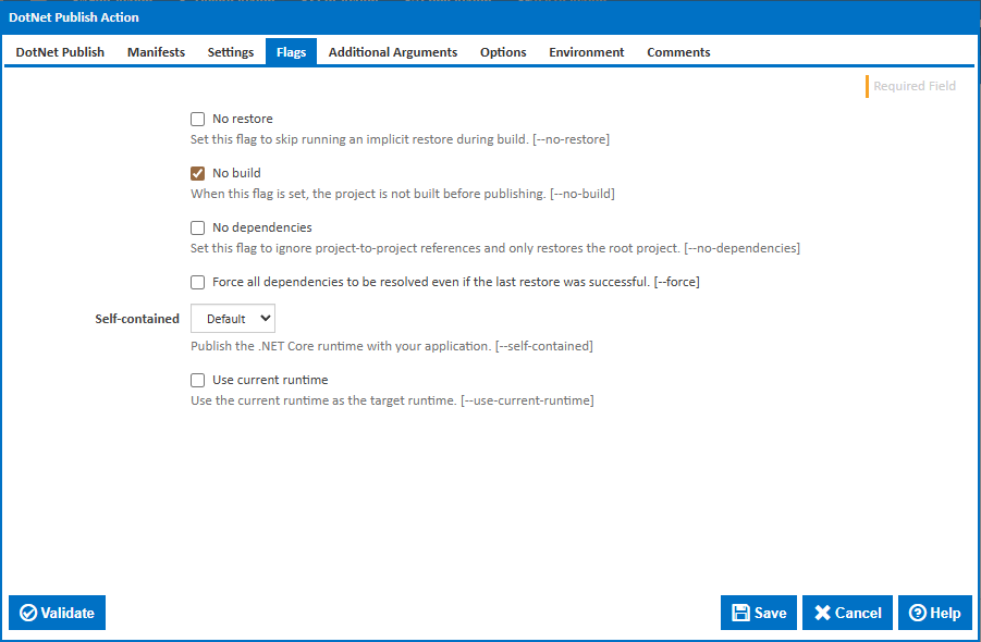 DotNet Publish action flags tab