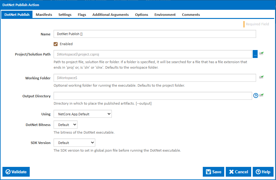 DotNet Publish action main tab