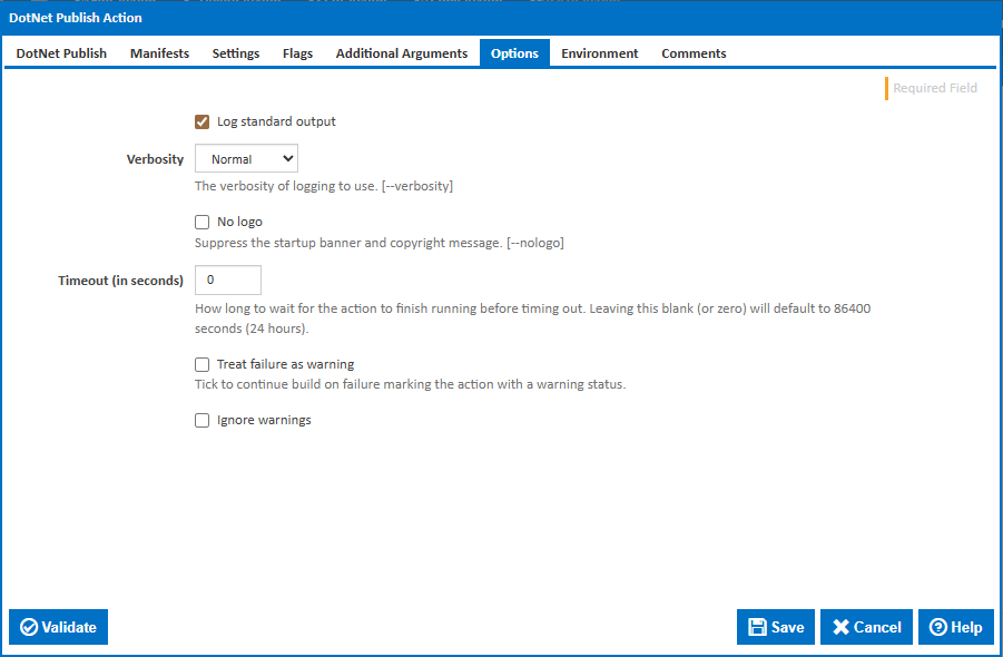 DotNet Publish action options tab