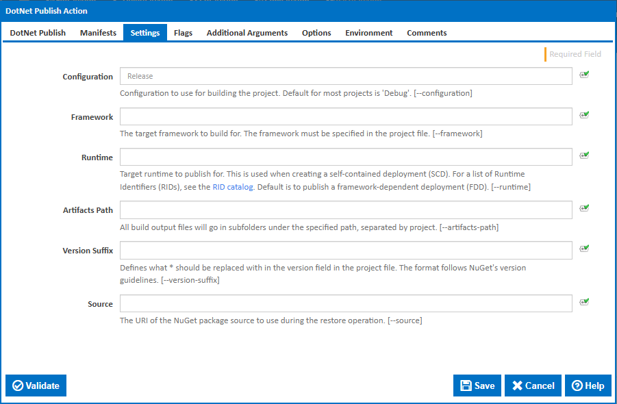 DotNet Publish action settings tab