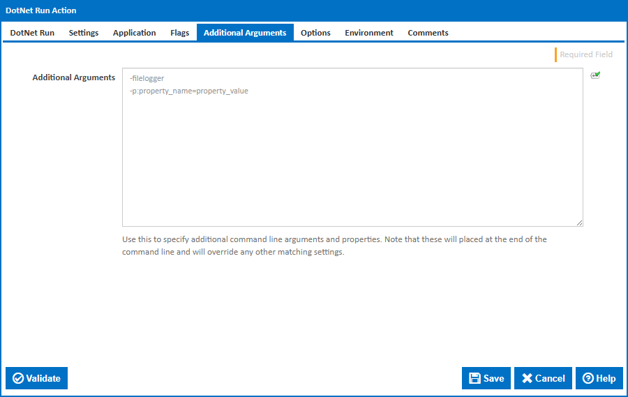 DotNet Run action additional arguments tab