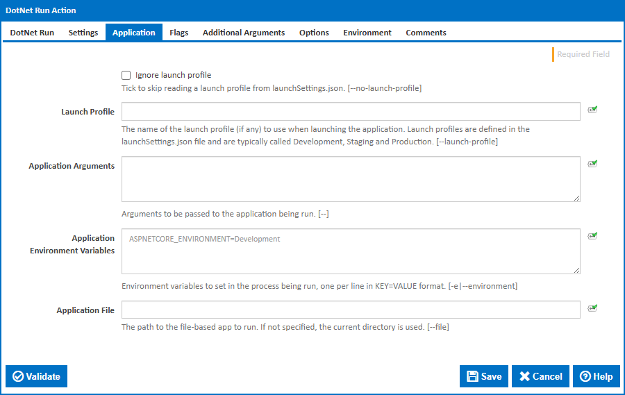 DotNet Run action application tab