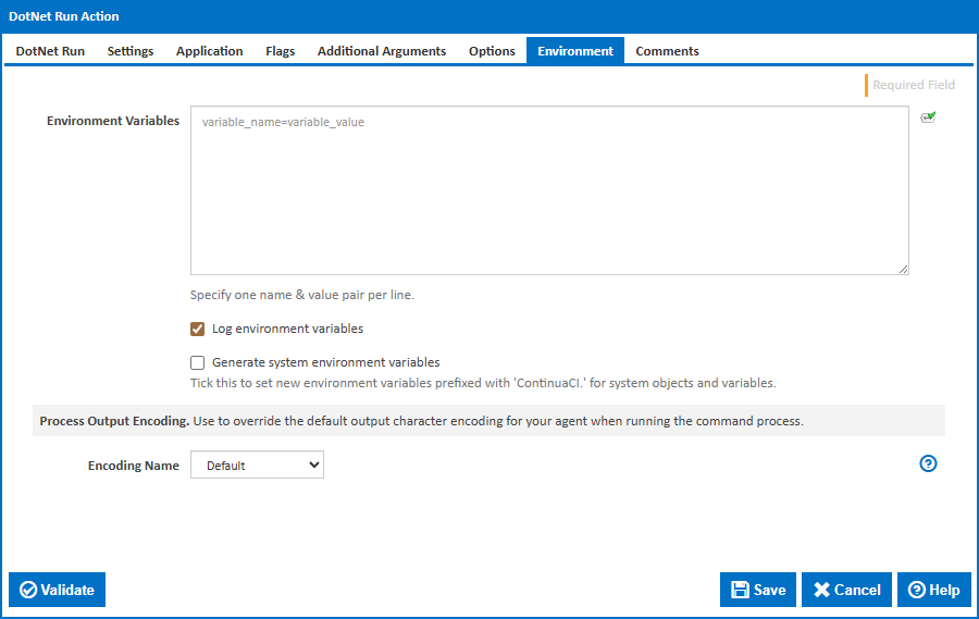 DotNet Run action environment tab