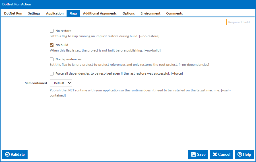 DotNet Run action flags tab