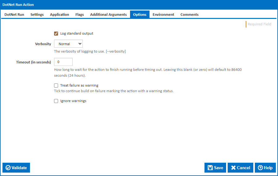DotNet Run action options tab