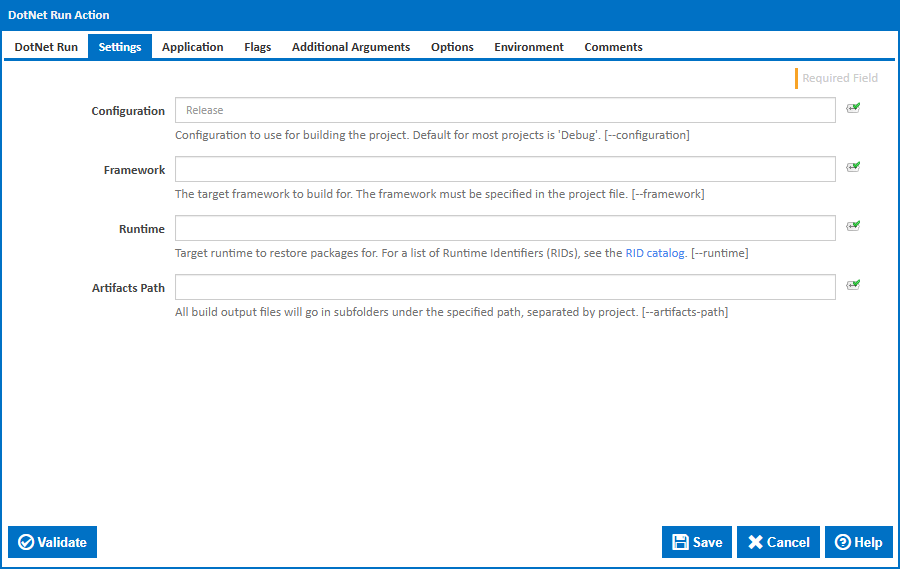 DotNet Run action settings tab