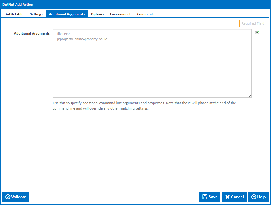 DotNet Add action Additional Arguments tab