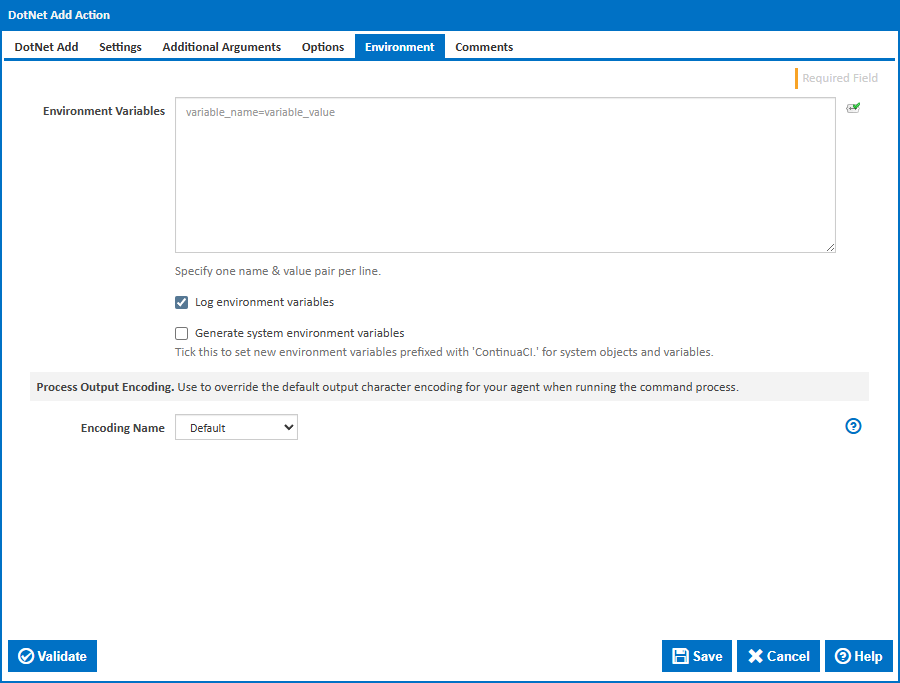 DotNet Add action Environment tab
