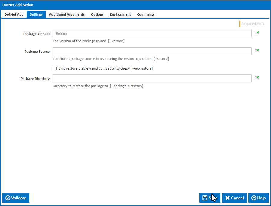 DotNet Add action Settings tab