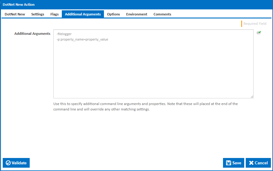 DotNet New action Additional Arguments tab