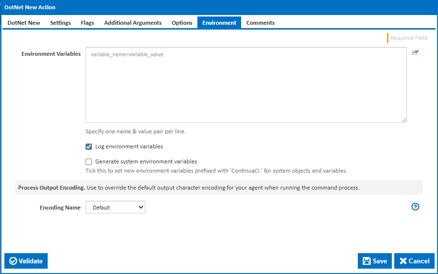 DotNet New action Environment tab