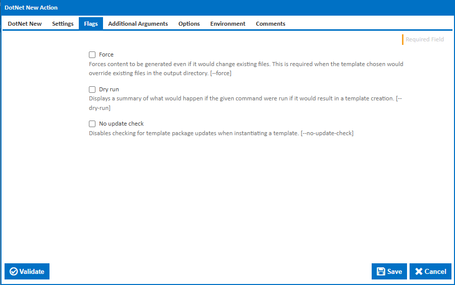 DotNet New action Flags tab