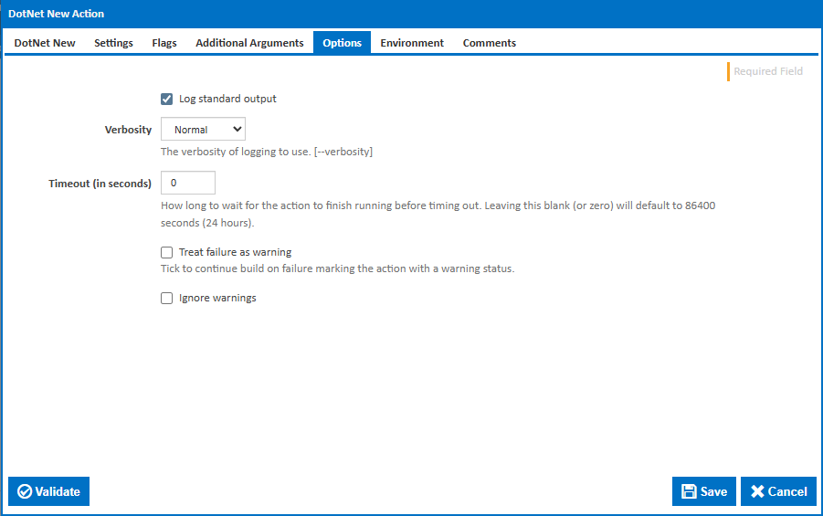 DotNet New action Options tab