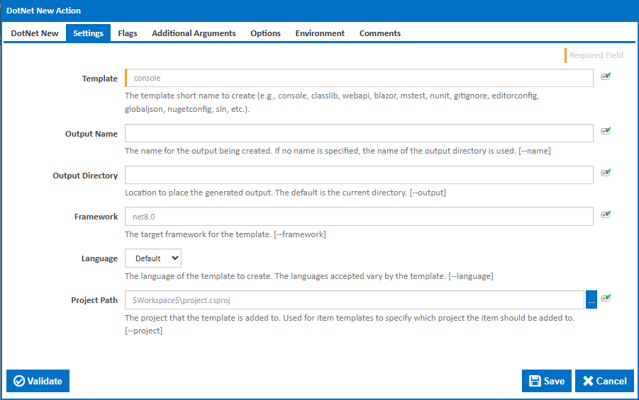 DotNet New action Settings tab