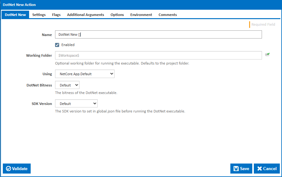 DotNet New action main tab