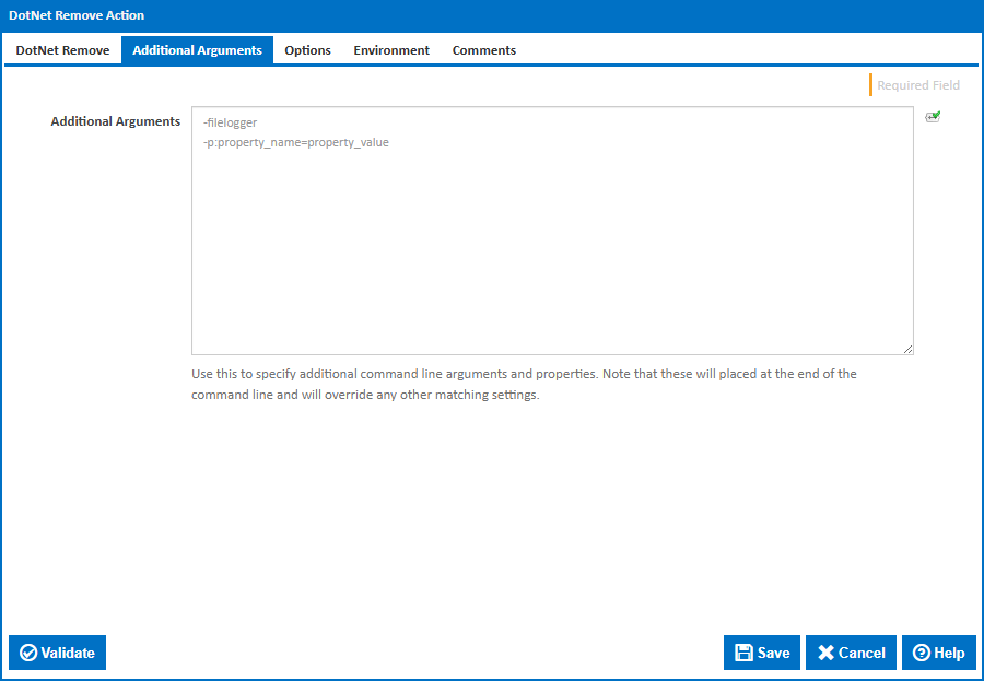 DotNet Remove action additional arguments tab