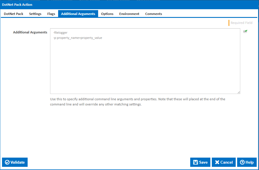 DotNet Pack action additional arguments tab