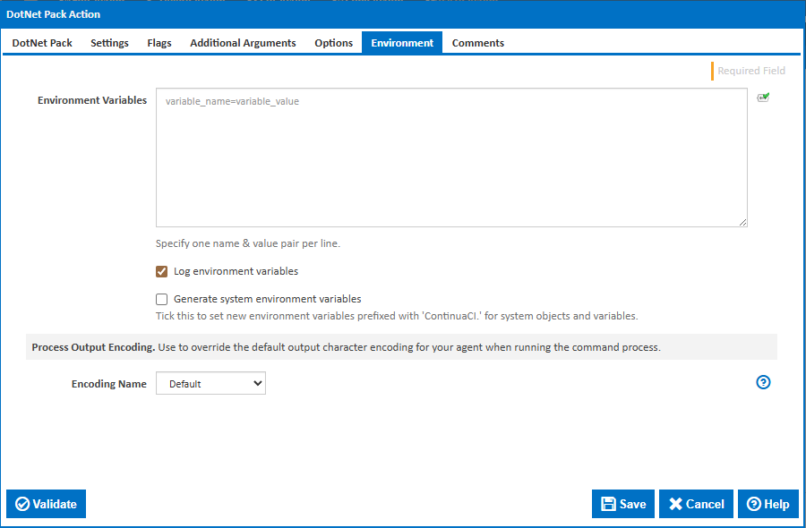 DotNet Pack action environment tab