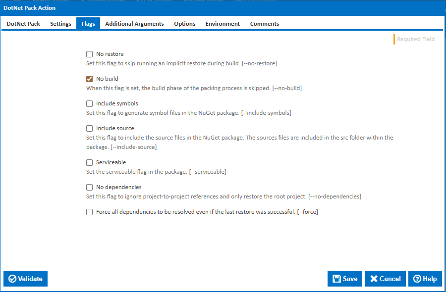 DotNet Pack action flags tab