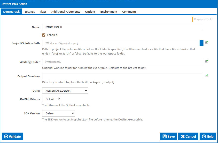 DotNet Pack action main tab