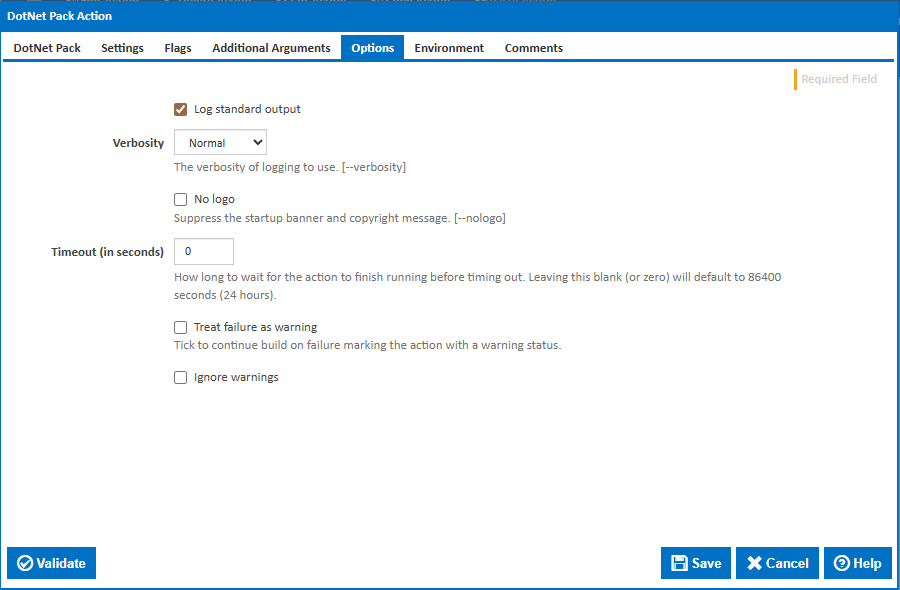 DotNet Pack action options tab