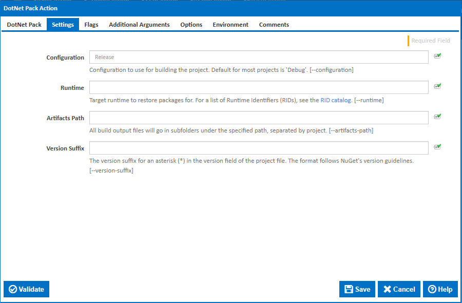 DotNet Pack action settings tab