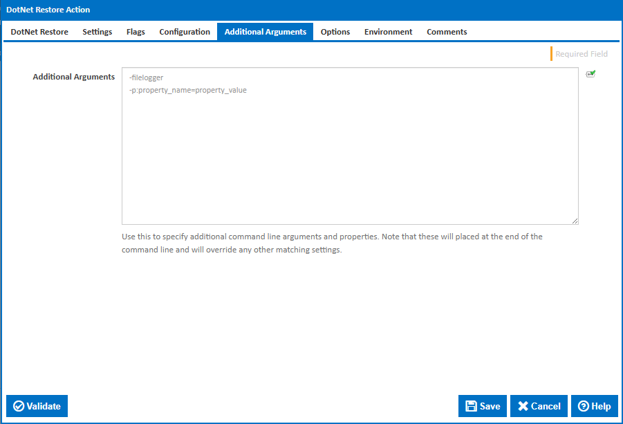 DotNet Restore action additional arguments tab