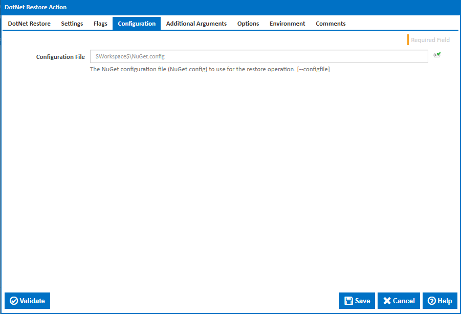 DotNet Restore action configuration tab