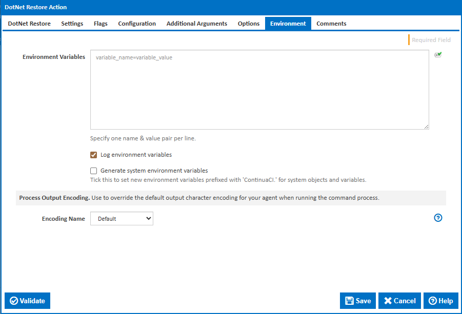 DotNet Restore action environment tab