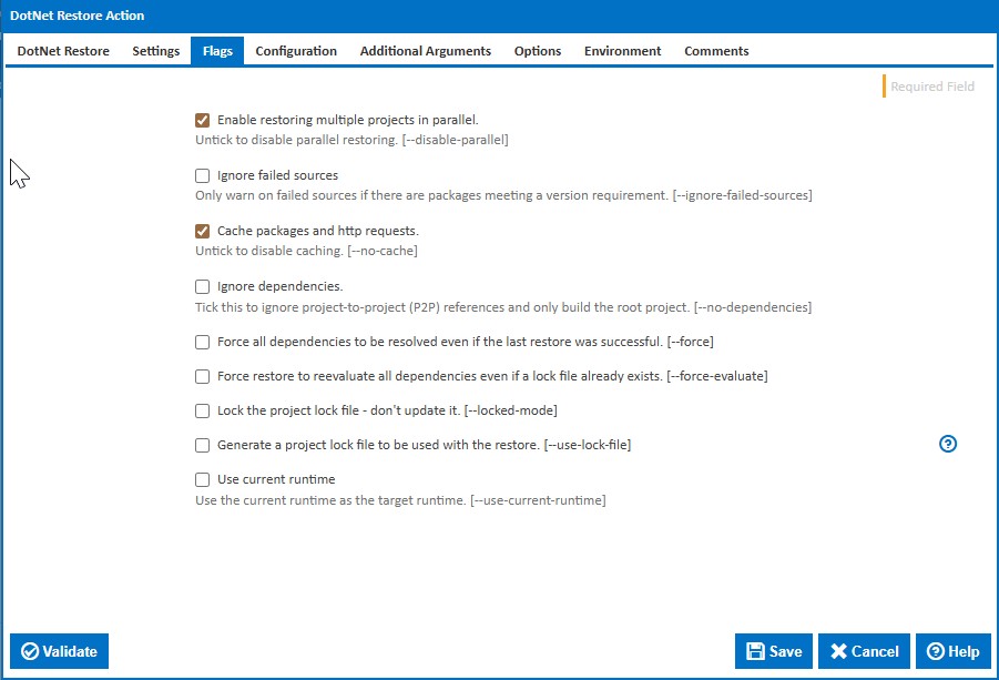 DotNet Restore action flags tab