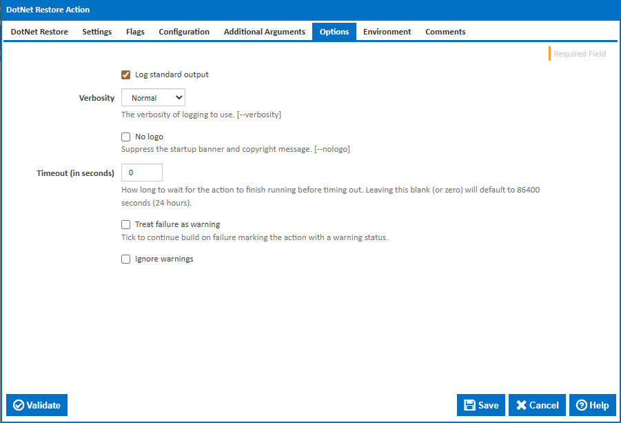 DotNet Restore action options tab