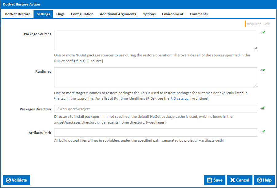DotNet Restore action settings tab