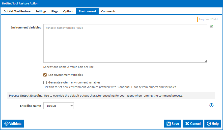 DotNet Tool Restore action environment tab
