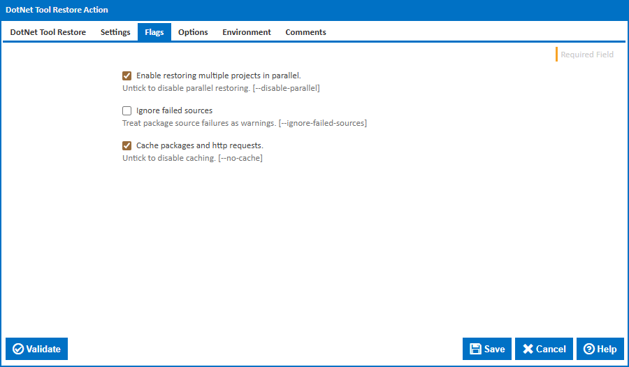 DotNet Tool Restore action flags tab