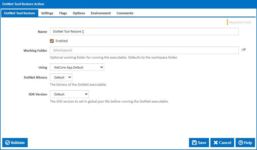 DotNet Tool Restore action main tab