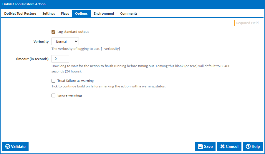DotNet Tool Restore action options tab